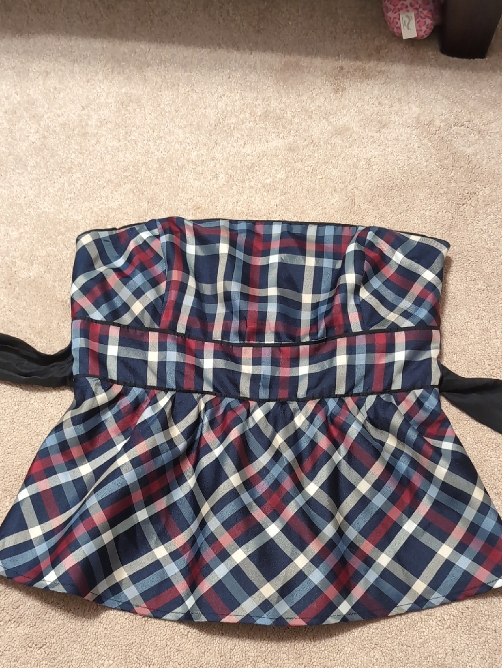 Plaid Strapless Peplum Top in Navy, Red & Cream